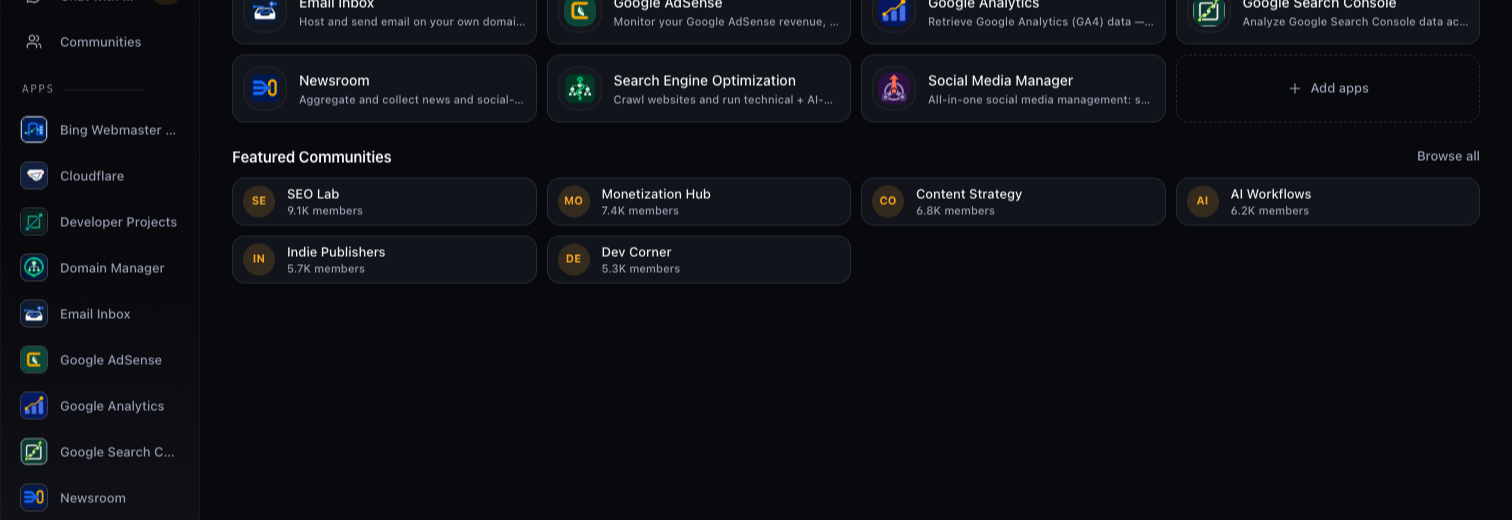 Kiap dashboard showing installed plugins for SEO, monitoring, and infrastructure
